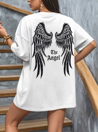 Baskılı Oversize Bisiklet Yaka T-shirt - Beyaz resmi